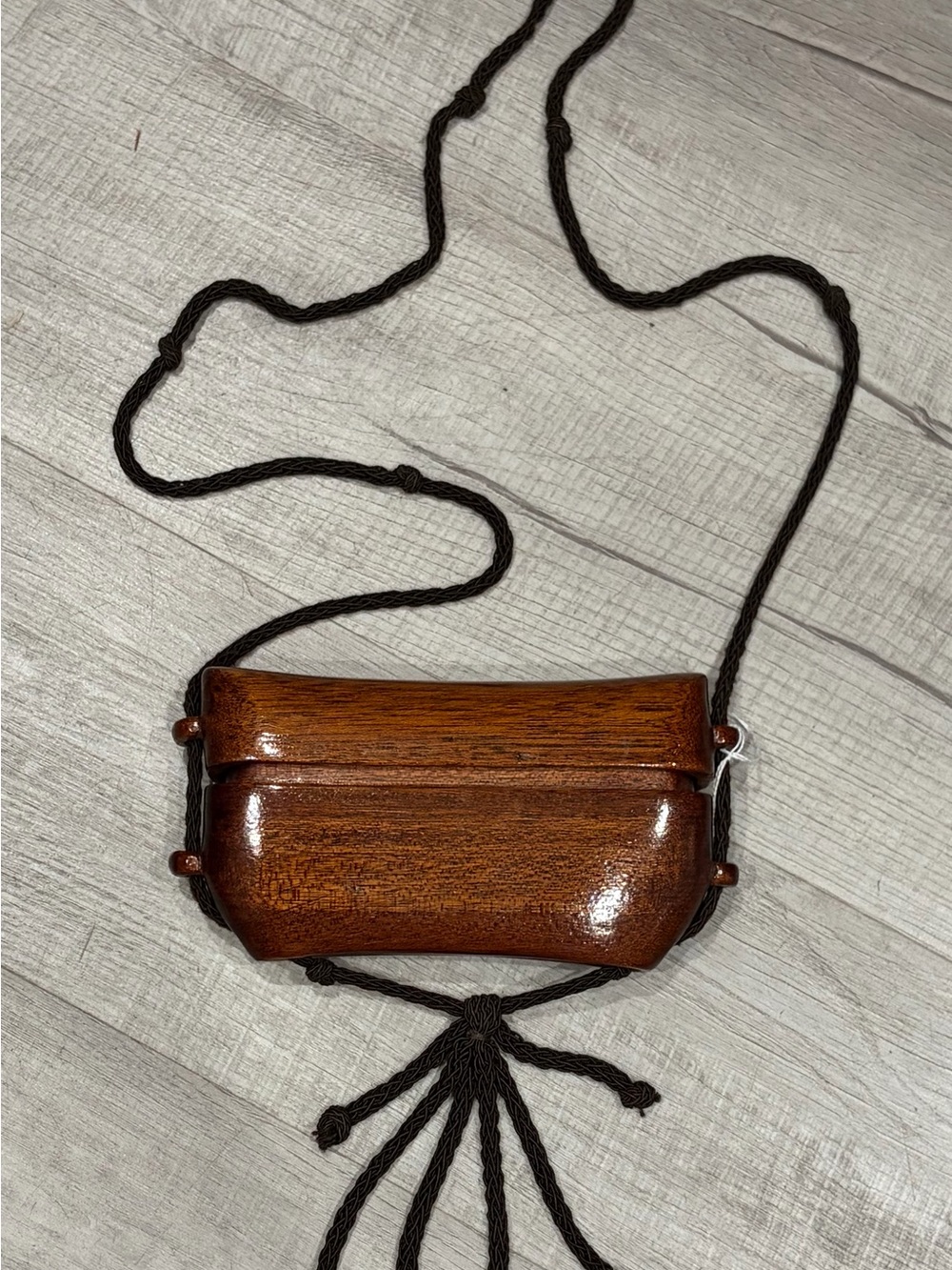 Vintage Handcrafted Brown Wooden Crossbody Bag with Braided Strap